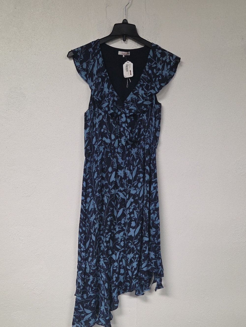 Parker Navy and Light Blue Asymmetrical Floral Midi Dress